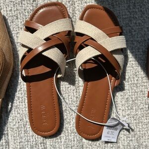 J. Crew Brown and Cream Cross-Strap Sandals